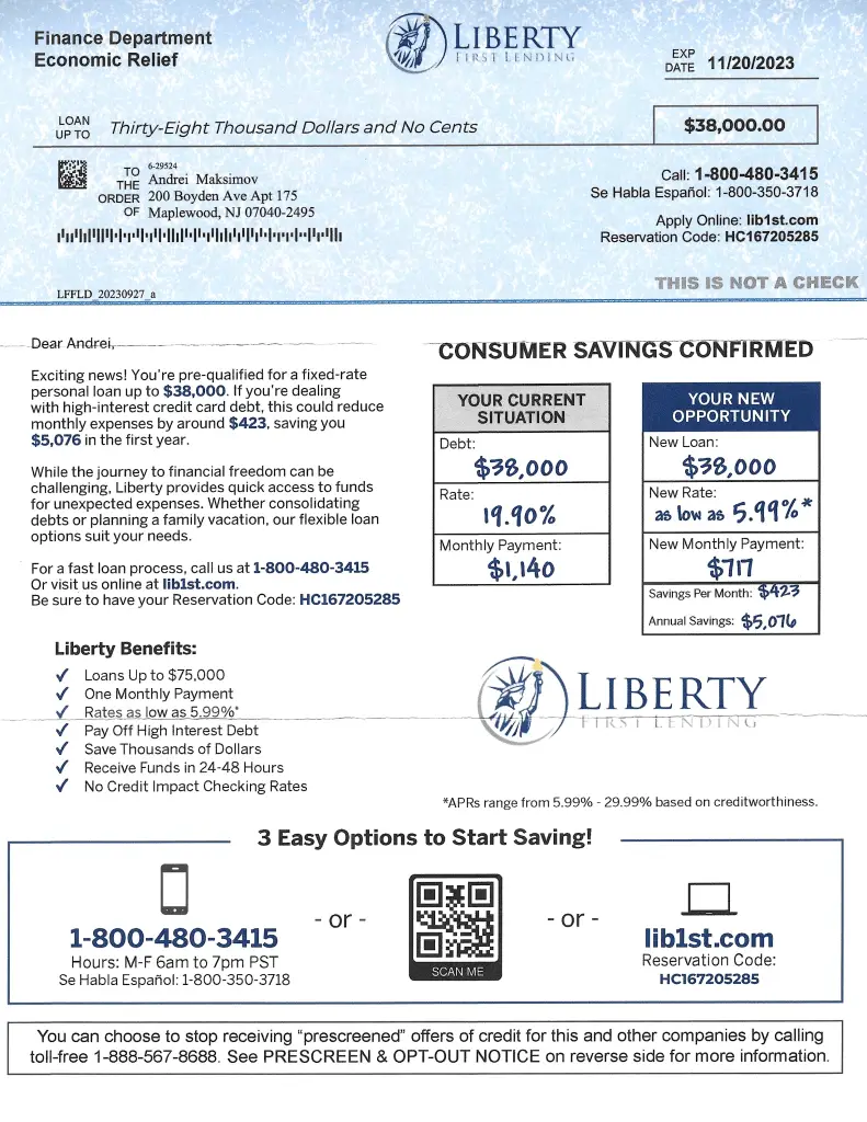 Liberty First Lending - Mail Example - Front