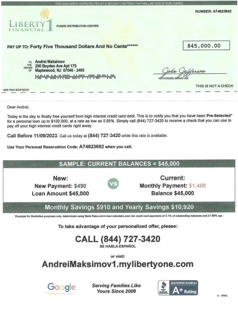 Liberty1 Financial - Mail Example - Front