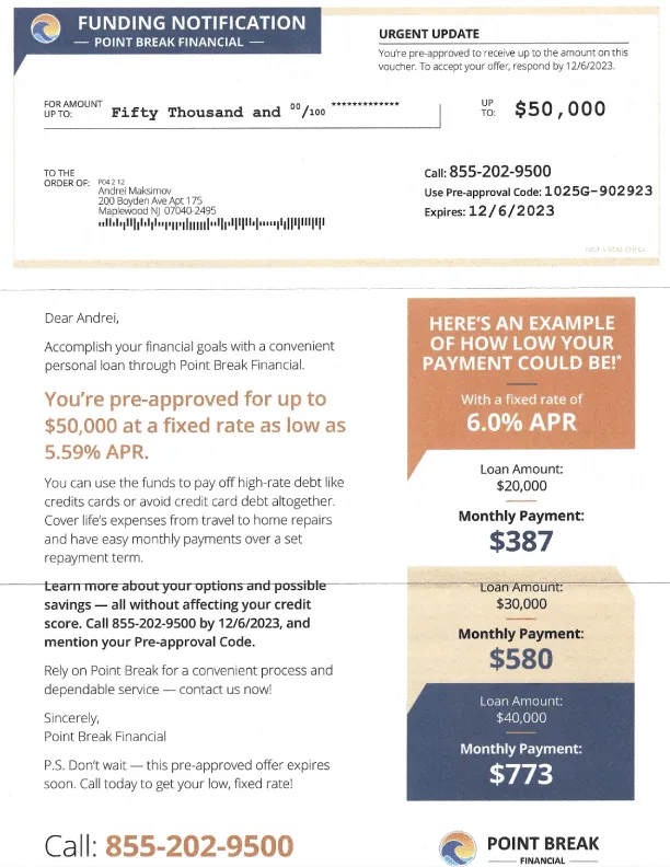 Point Break Financial - Offer Mail Example - Front